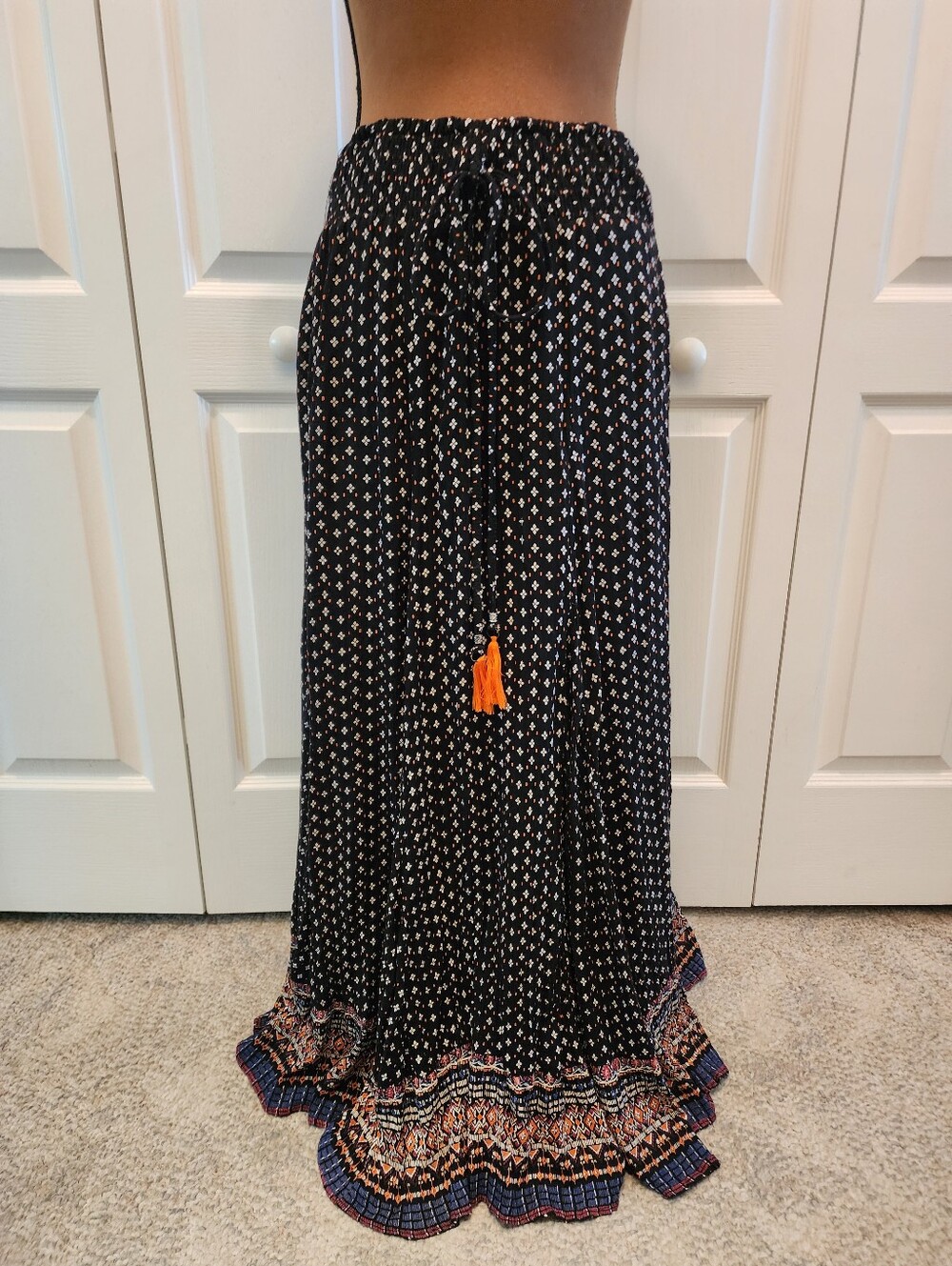 Boho Cottagecore Flowy Black Maxi Skirt With Colorful Border / Smocked Waist